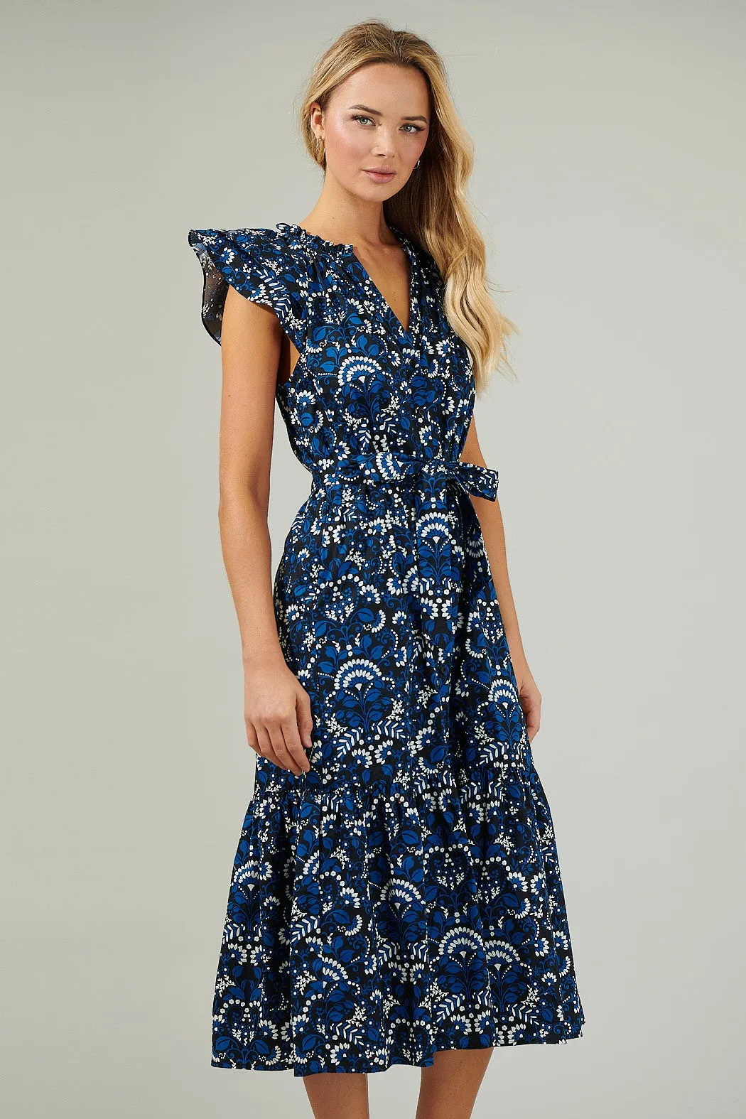 Blue & Black Printed Midi Dress