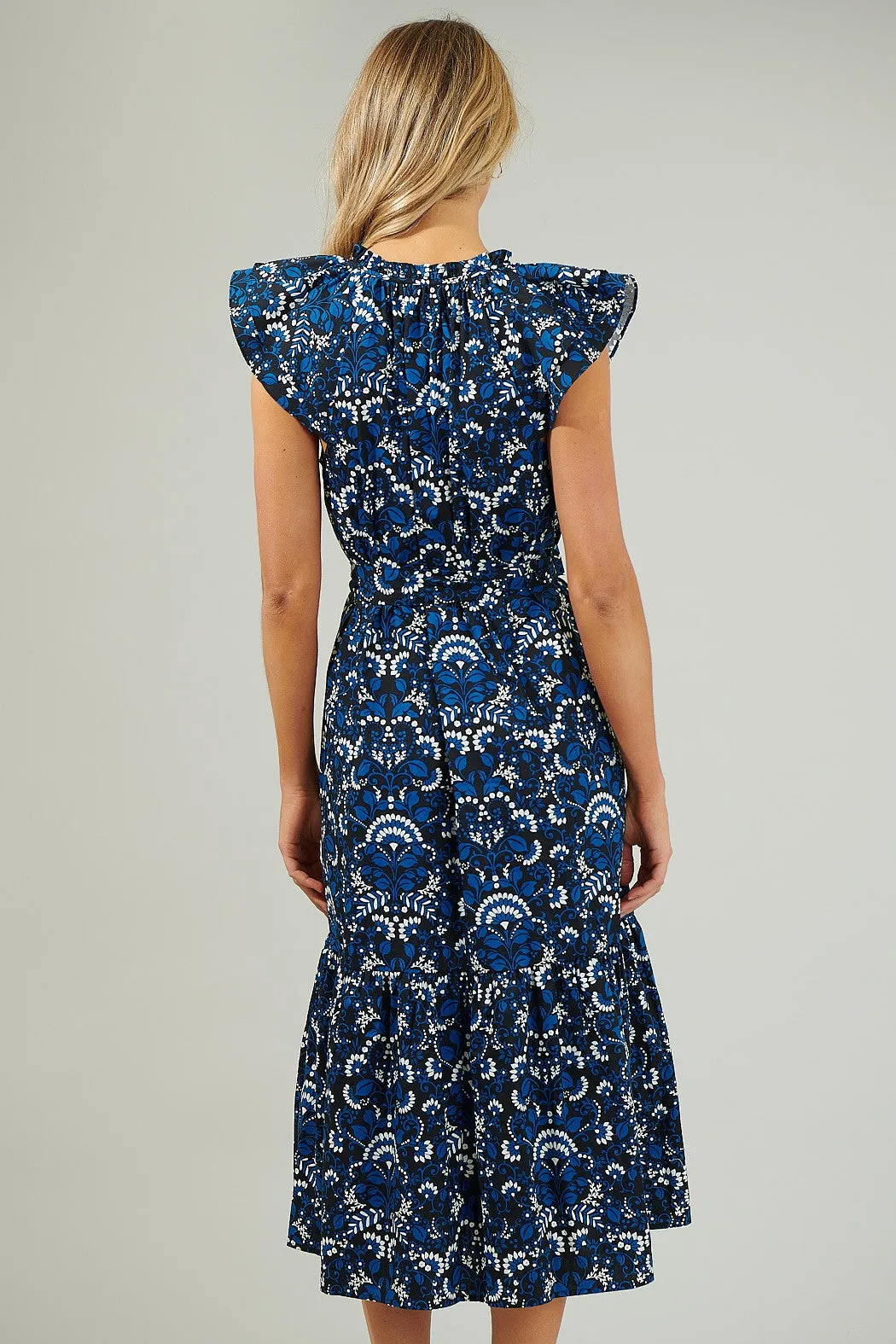 Blue & Black Printed Midi Dress