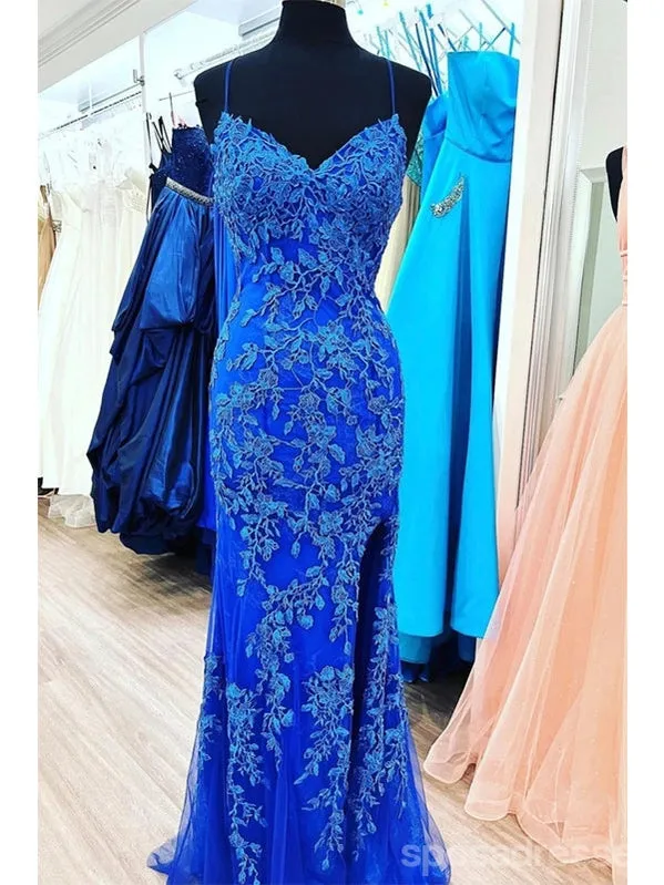 Blue Mermaid Spaghetti Straps Cheap Long Prom Dresses,Evening Party Dresses,12872