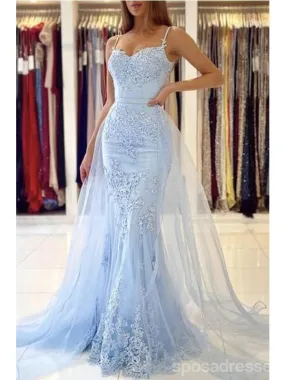 Blue Mermaid Spaghetti Straps Long Prom Dresses Online, Evening Dresses,12653