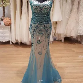 Blue Strapless Sweetheart Neckline Delicate Beading Mermaid Long Evening Prom Dresses, Popular Cheap Long 2018 Party Prom Dresses, 17295