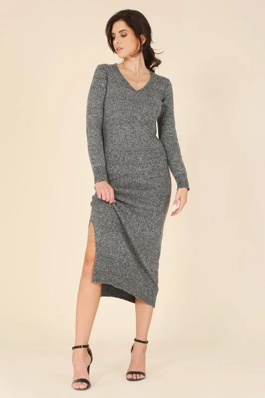 Blythe Bodycon V neck Sweater Midi Dress