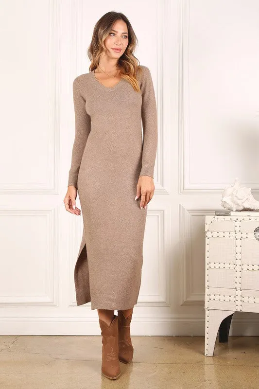 Blythe Bodycon V neck Sweater Midi Dress