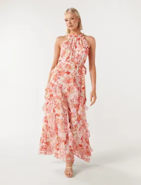 Chic Bridie Maxi Dress with Elegant Halter Neck and Stylish Ruffle Detail