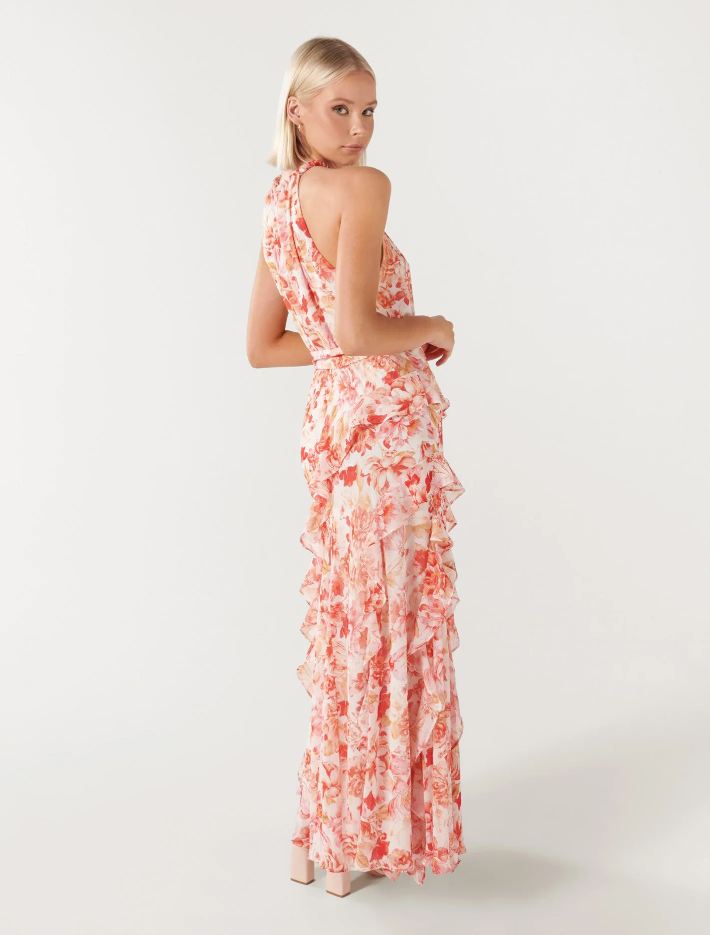 Chic Bridie Maxi Dress with Elegant Halter Neck and Stylish Ruffle Detail