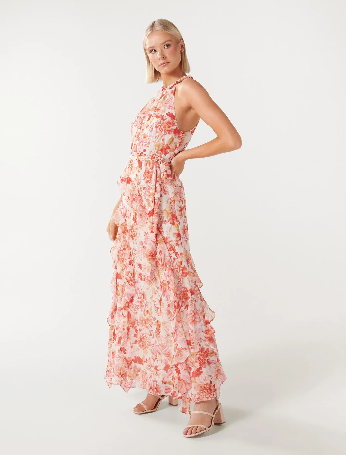 Chic Bridie Maxi Dress with Elegant Halter Neck and Stylish Ruffle Detail