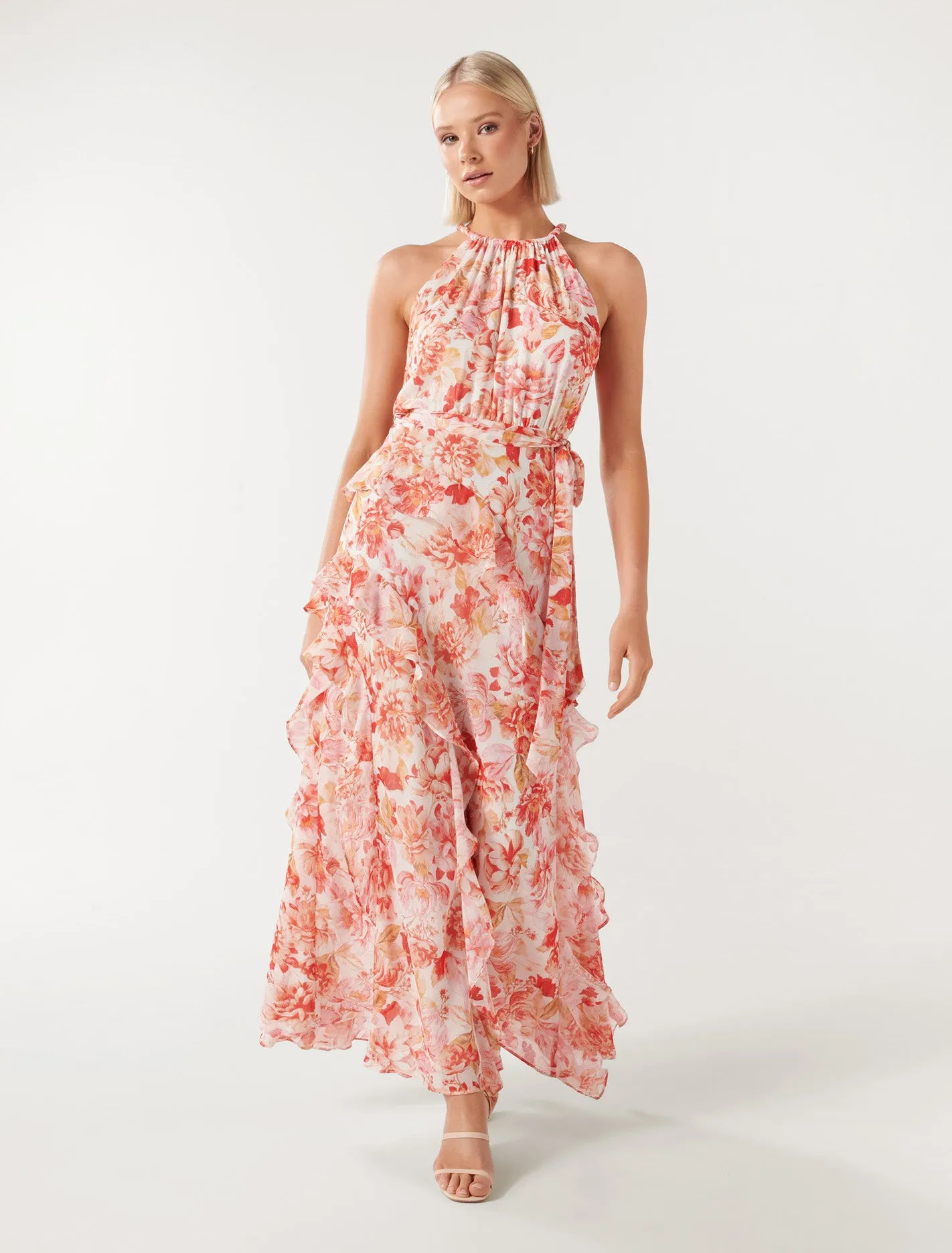 Chic Bridie Maxi Dress with Elegant Halter Neck and Stylish Ruffle Detail