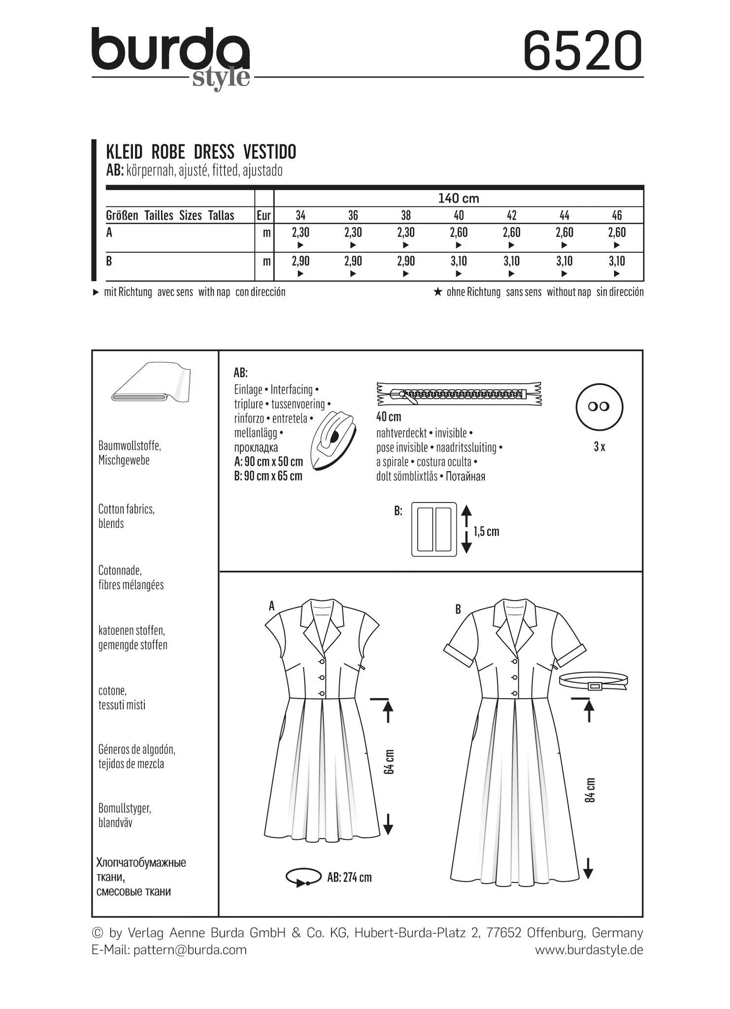 Burda 6520 Misses’ Dress, Blouse and Skirt pattern