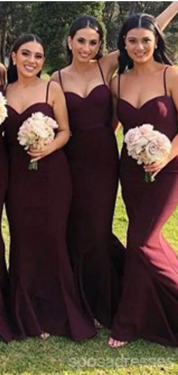 Burgundy Mermaid Spaghetti Straps Cheap Long Bridesmaid Dresses,WG1320