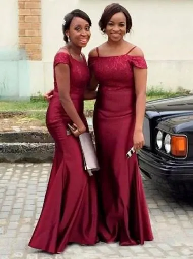 Burgundy Off Shoulder Mermaid Long Cheap Bridesmaid Dresses Online, WG263