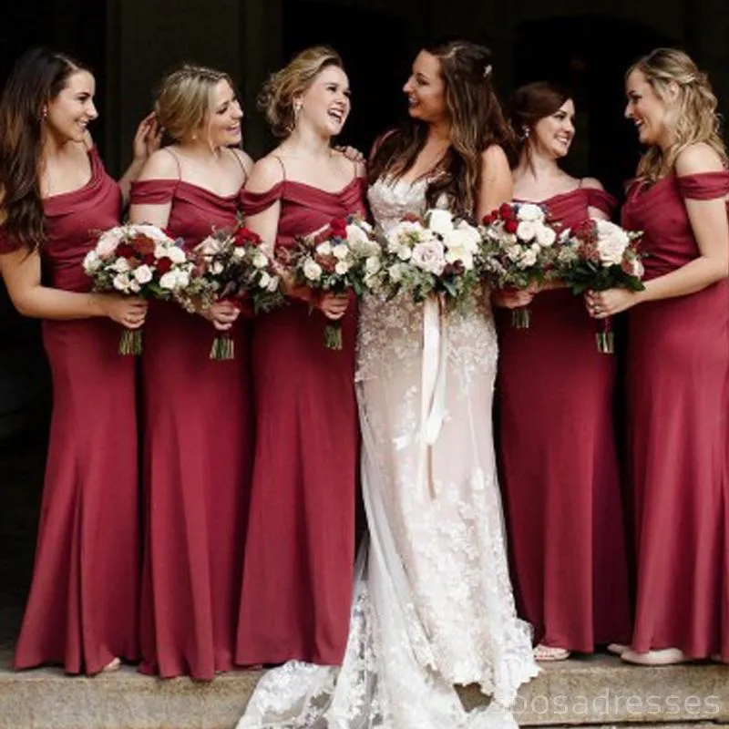 Burgundy Spaghetti Straps Mermaid Cheap Long Bridesmaid Dresses Online, WG335