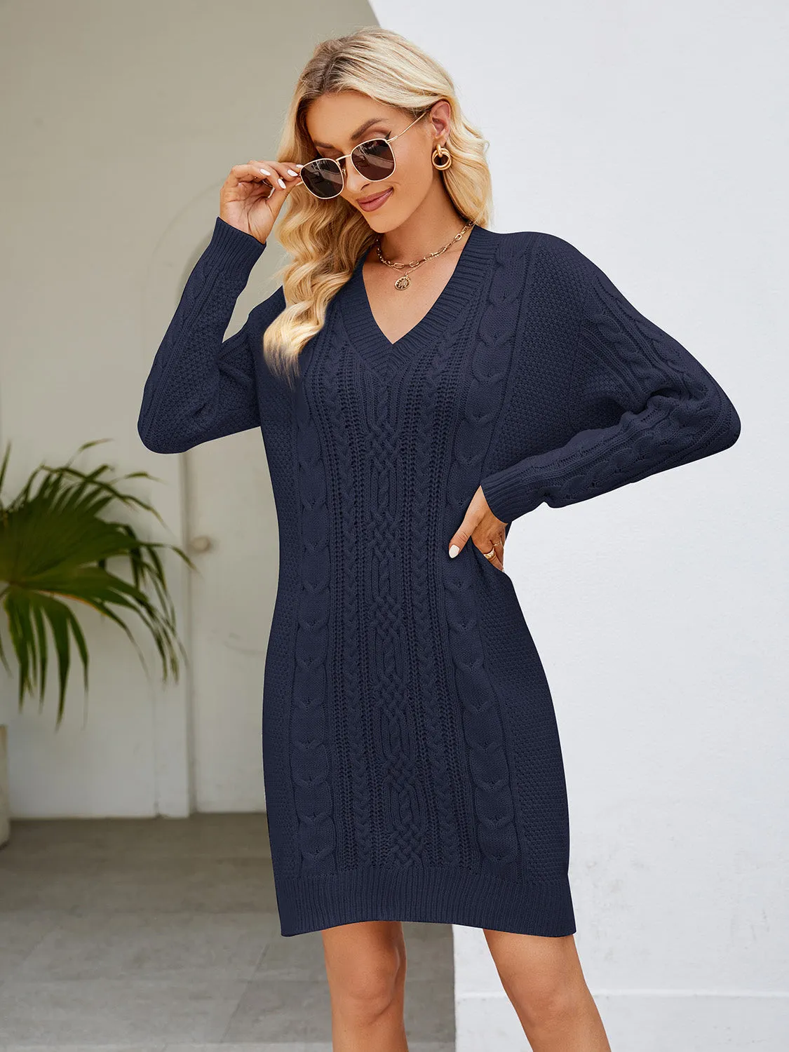 Cable-Knit V-Neck Mini Sweater Dress