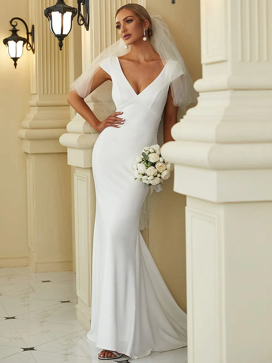 Cap Sleeve Deep V-Neck Backless Fishtail Wedding Dress