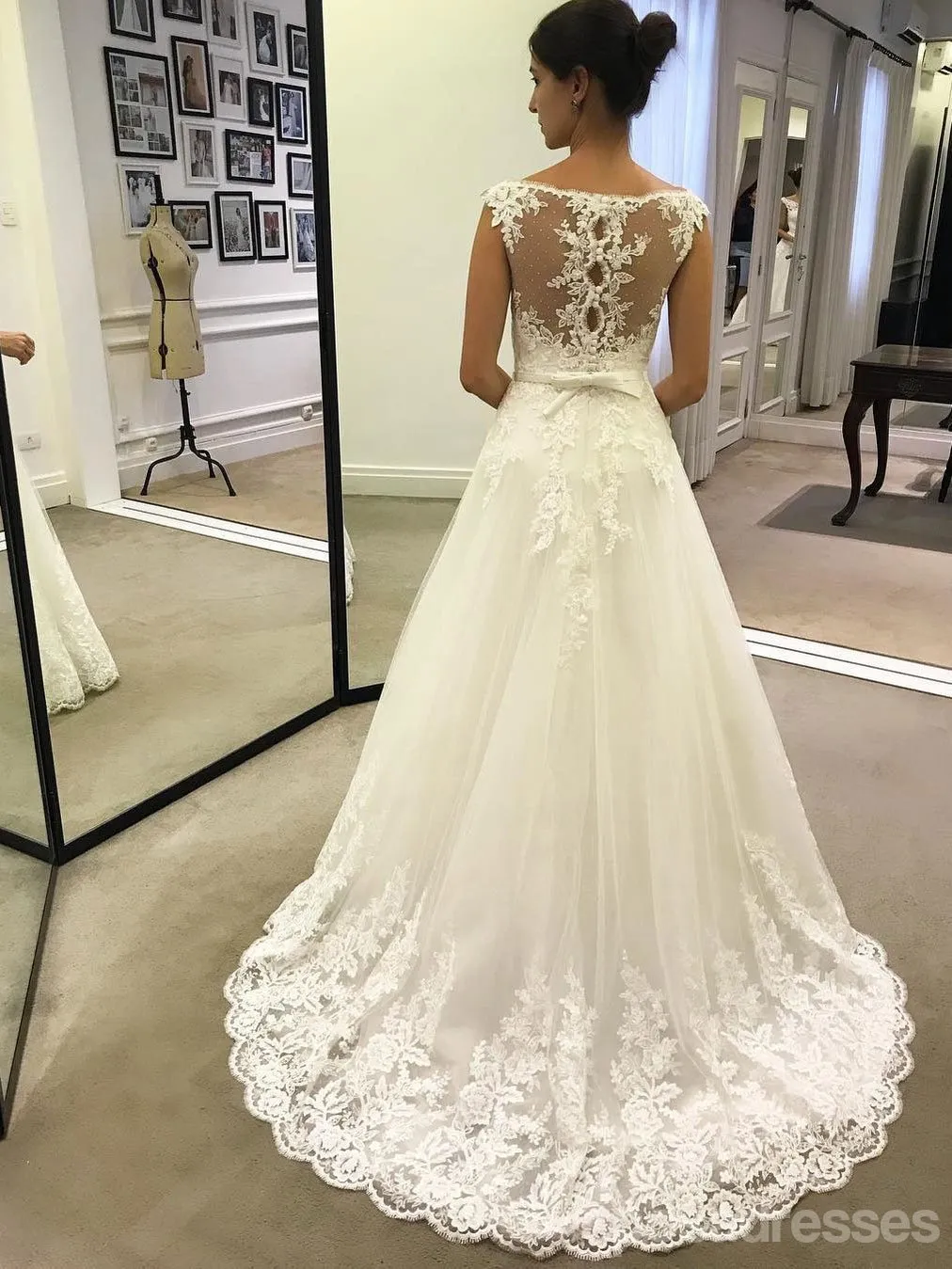 Cap Sleeves A line Bateau Lace A line Cheap Wedding Dresses Online, Cheap Lace Bridal Dresses, WD458