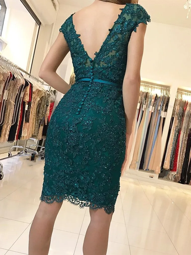 Cap Sleeves Emerald Green Lace Short Prom Dresses, Short Green Lace Graduation Homecoming Formal Evening Dresses