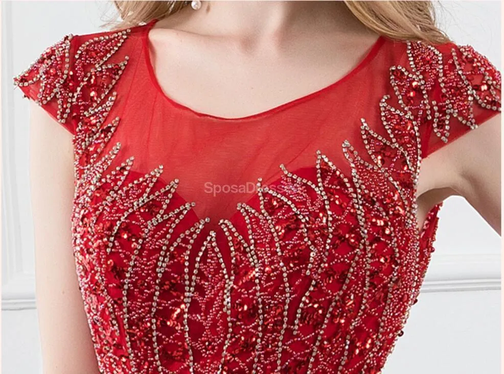 Cap Sleeves Red Beaded Long Evening Prom Dresses, Evening Party Prom Dresses, 12291