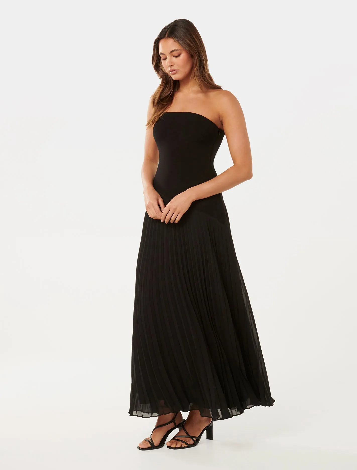 Pleated Midi Dress with Strapless Capri Design