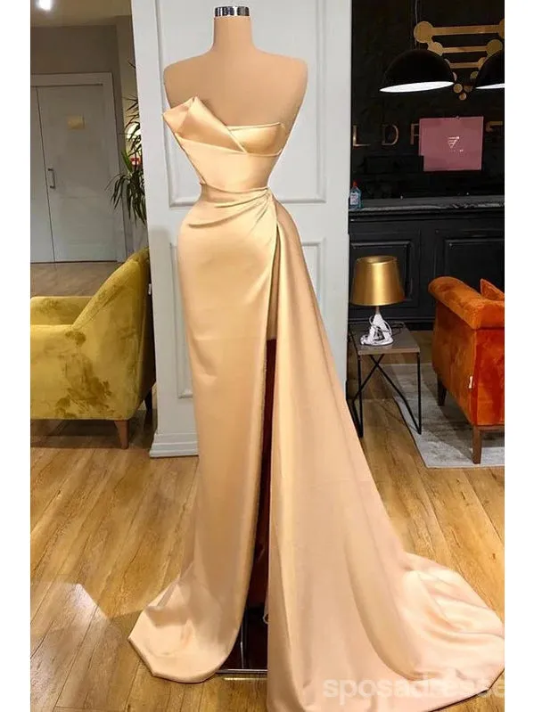 Champagne Mermaid Sweetheart High Slit Cheap Long Prom Dresses,12895