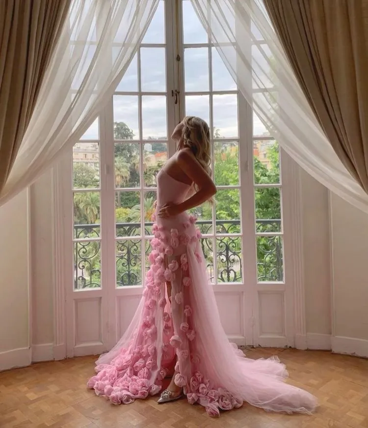 Elegant Pink Strapless Prom Dress with High Slit and Floral Accents SH717