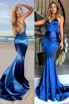 Charming Satin V Neck Backless Long Mermaid Prom Dresses SH561