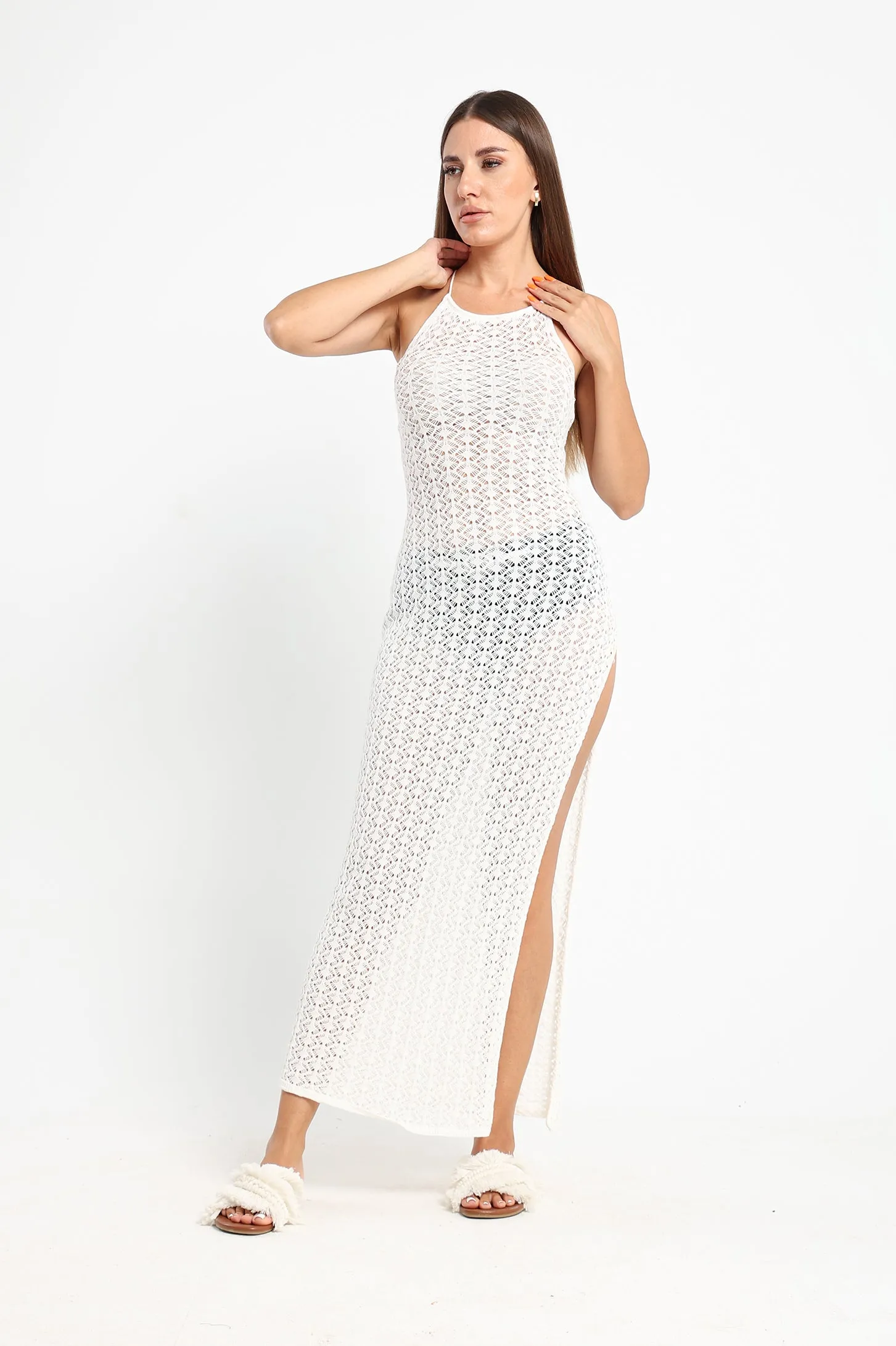 Crochet-Knit Midi Halter Dress - White