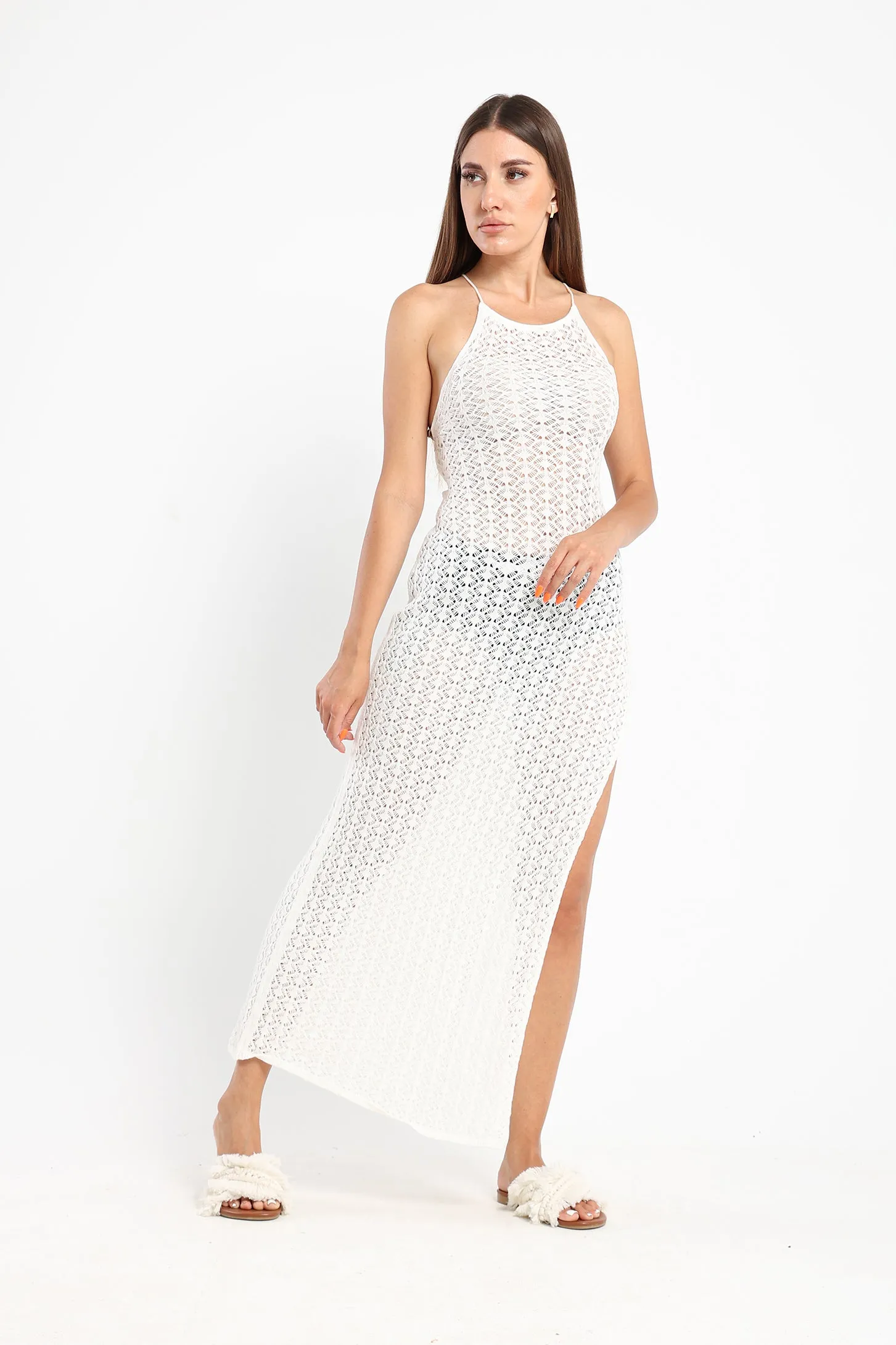 Crochet-Knit Midi Halter Dress - White