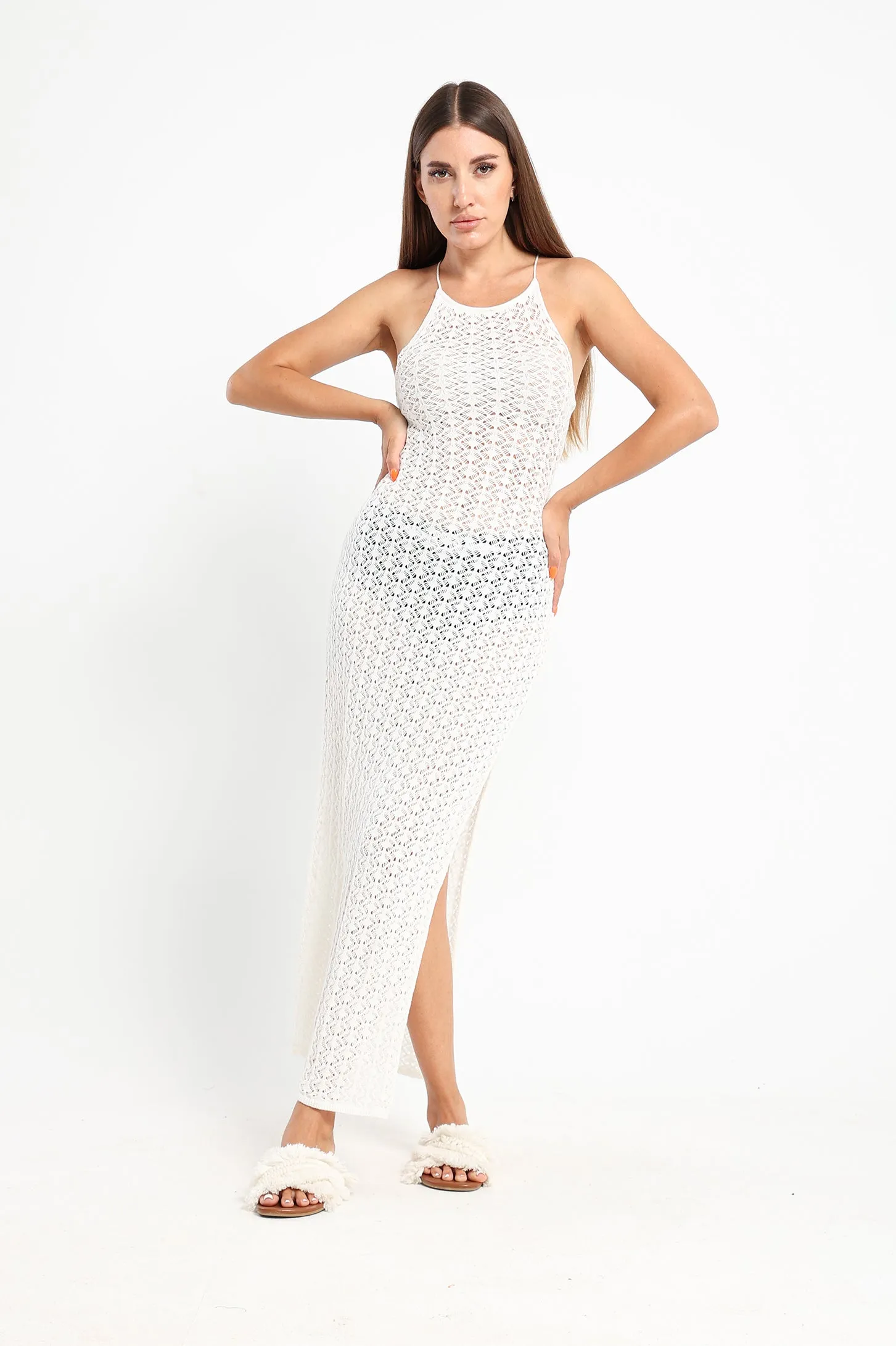 Crochet-Knit Midi Halter Dress - White