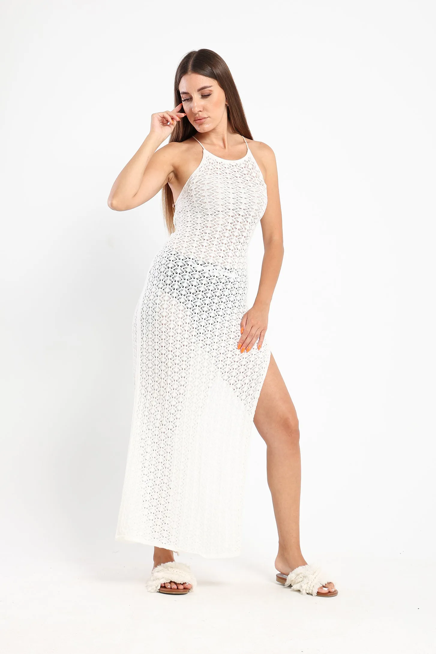 Crochet-Knit Midi Halter Dress - White