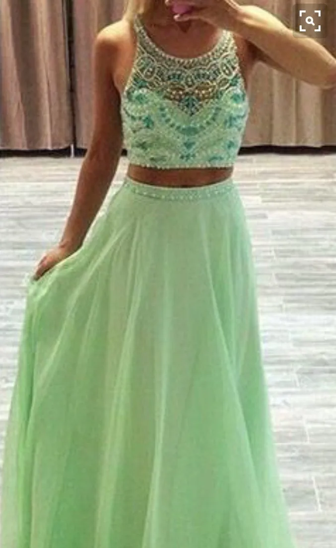 Custom Made 2 Pieces Round Neck Backless Green Prom Dresses, 2 Pieces Formal Dresses