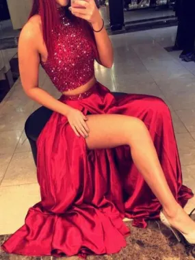 Custom Made A Line High Neck 2 Pieces Red Prom Dresses, 2 Pieces Red Formal Dresses