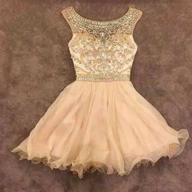 Custom Made A Line Round Neck Champagne Short Prom Dresses, Short Homecoming Dress, Graduation Dresses