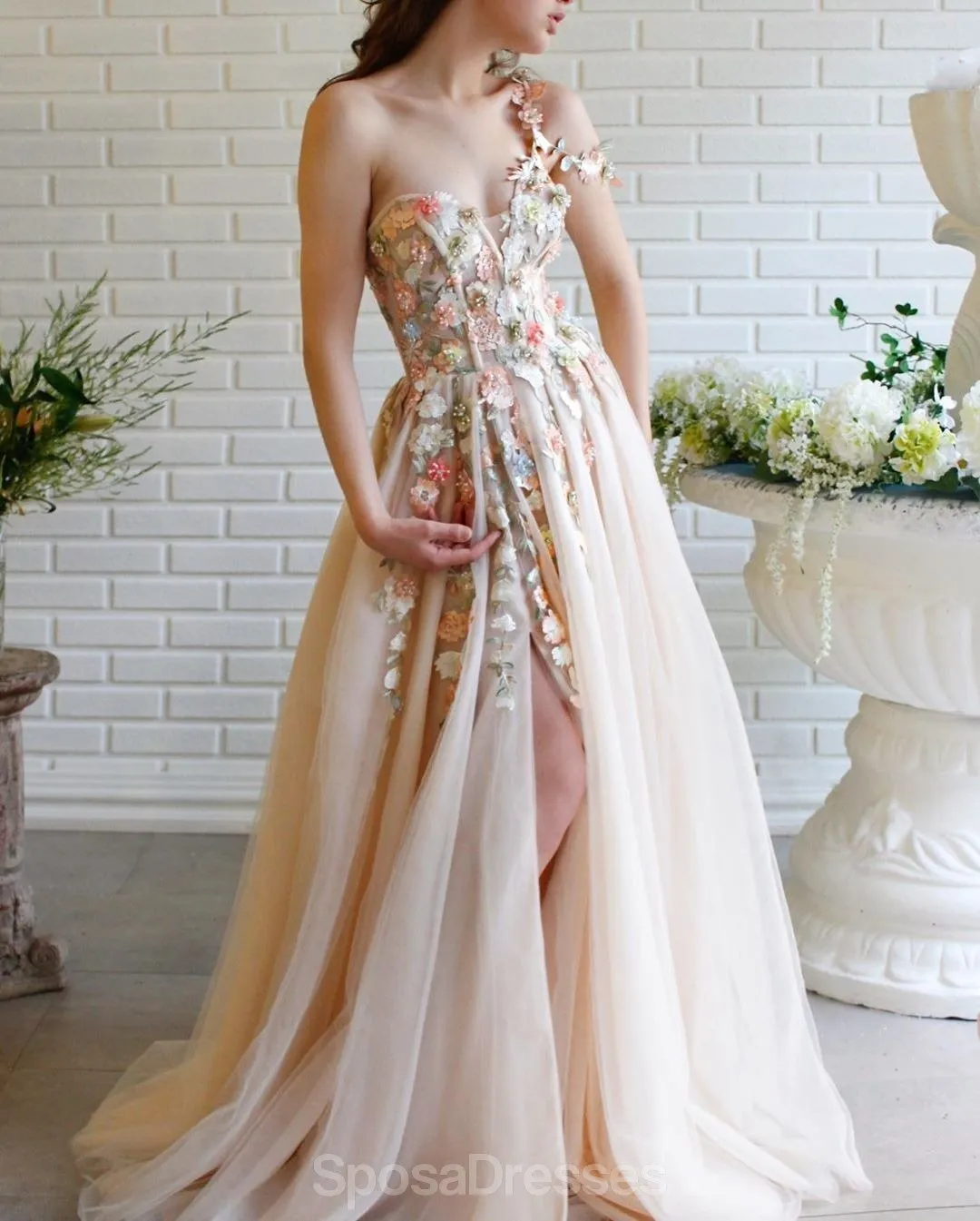 Cute One Shoulder Lace Flower Long Cheap Evening Prom Dresses, Evening Party Prom Dresses, 12351