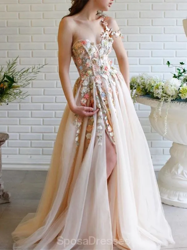 Cute One Shoulder Lace Flower Long Cheap Evening Prom Dresses, Evening Party Prom Dresses, 12351