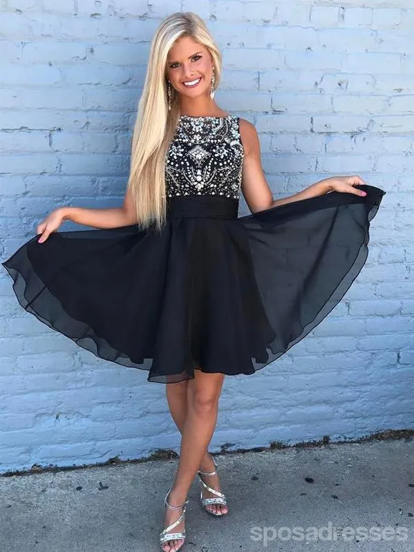 Cute Rhinestone Beaded Chiffon Short Black Homecoming Dresses 2018, CM492