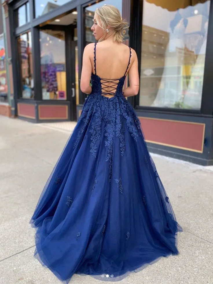 Dark Blue V Neck Tulle Applique Long Prom Dresses  SH566