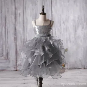 Dark Grey Sequin Organza Bustled Flower Tutu Dresses, Cheap Popular Flower Girl Dresses, FG053