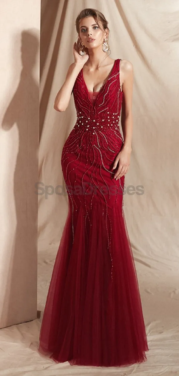 Dark Red V Neck Backless Beaded Mermaid Evening Prom Dresses, Evening Party Prom Dresses, 12065