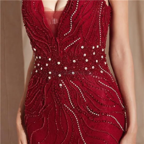 Dark Red V Neck Backless Beaded Mermaid Evening Prom Dresses, Evening Party Prom Dresses, 12065