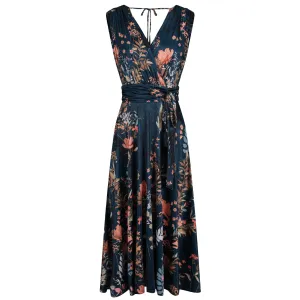 Dark Teal Floral V Neck Crossover Top Empire Waist Swing Dress