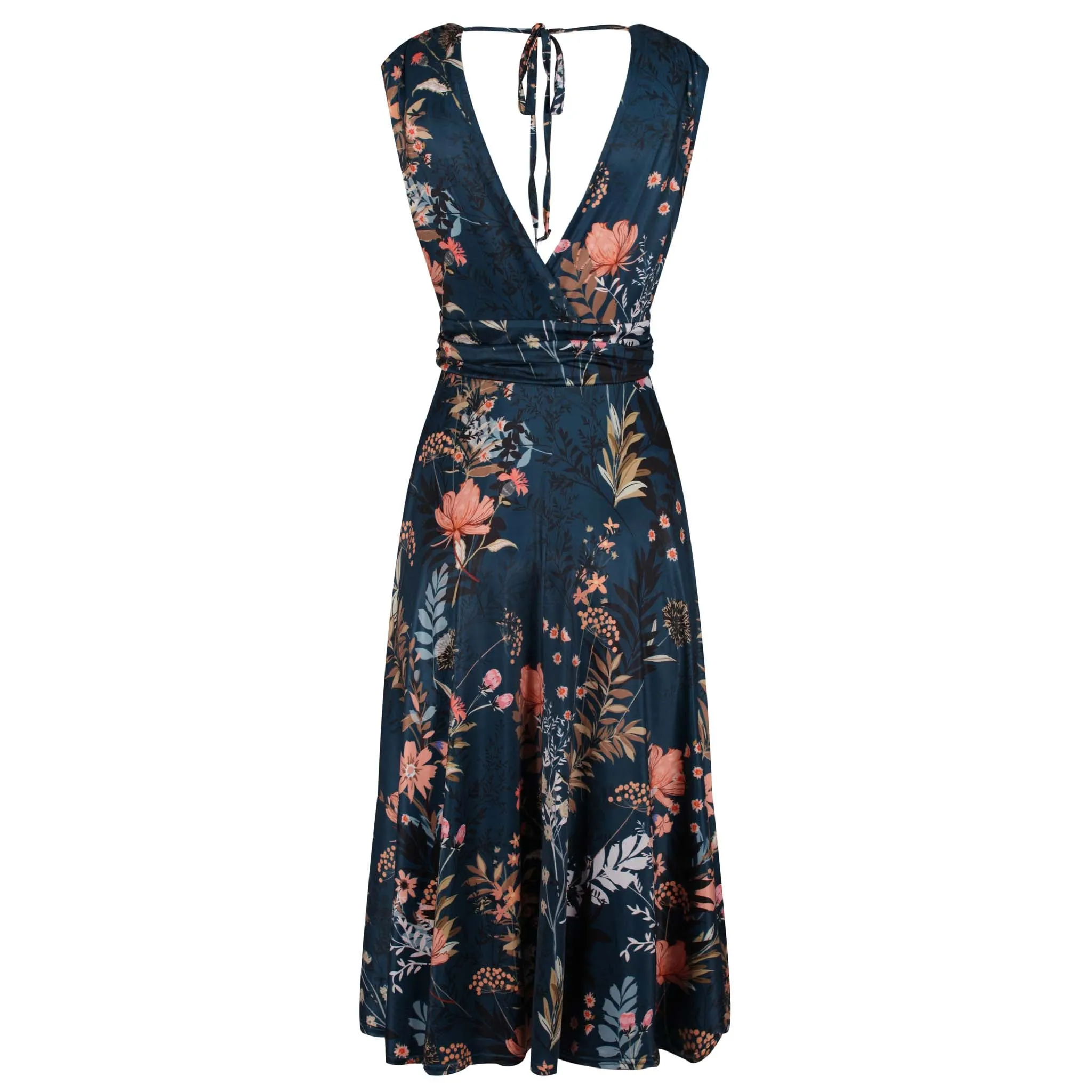 Dark Teal Floral V Neck Crossover Top Empire Waist Swing Dress