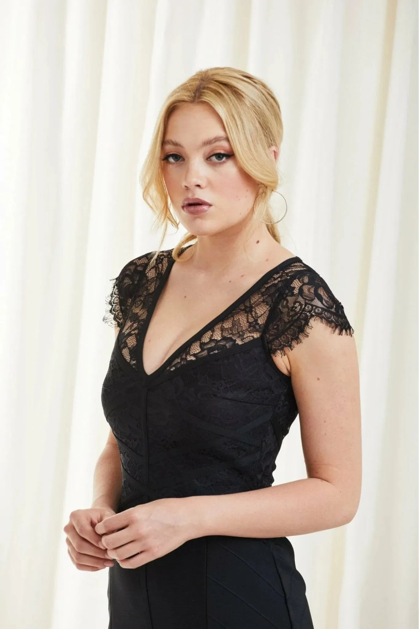 Elegant Black Lace Bandage Dress with Double Second Strap Detailing