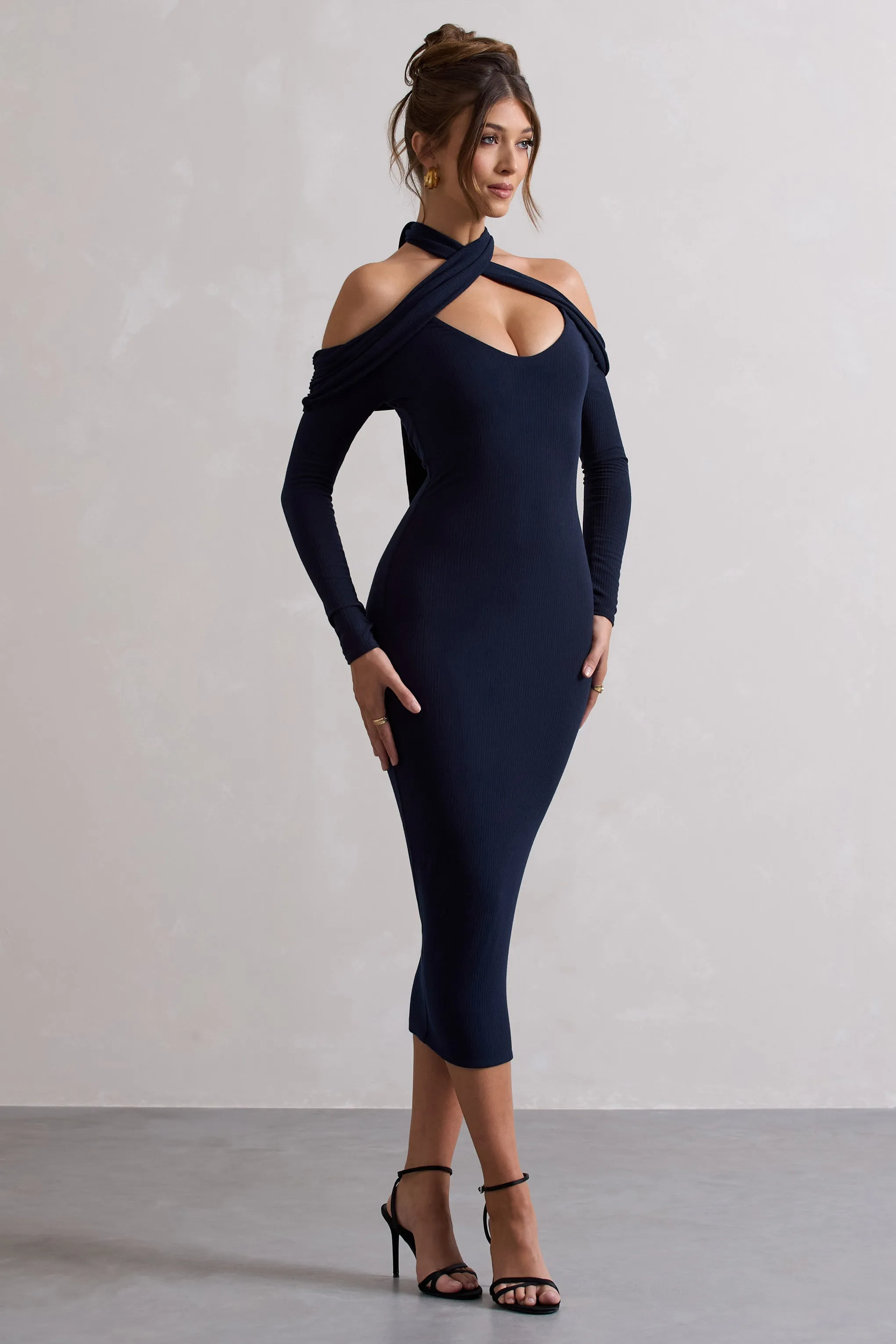 Duet | Navy Rib Knit Halter-Neck Midi Dress With Cut-Out