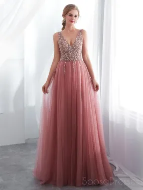 Dusty Pink V Neck Side Slit Beaded Long Evening Prom Dresses, Cheap Custom Sweet 16 Dresses, 18519