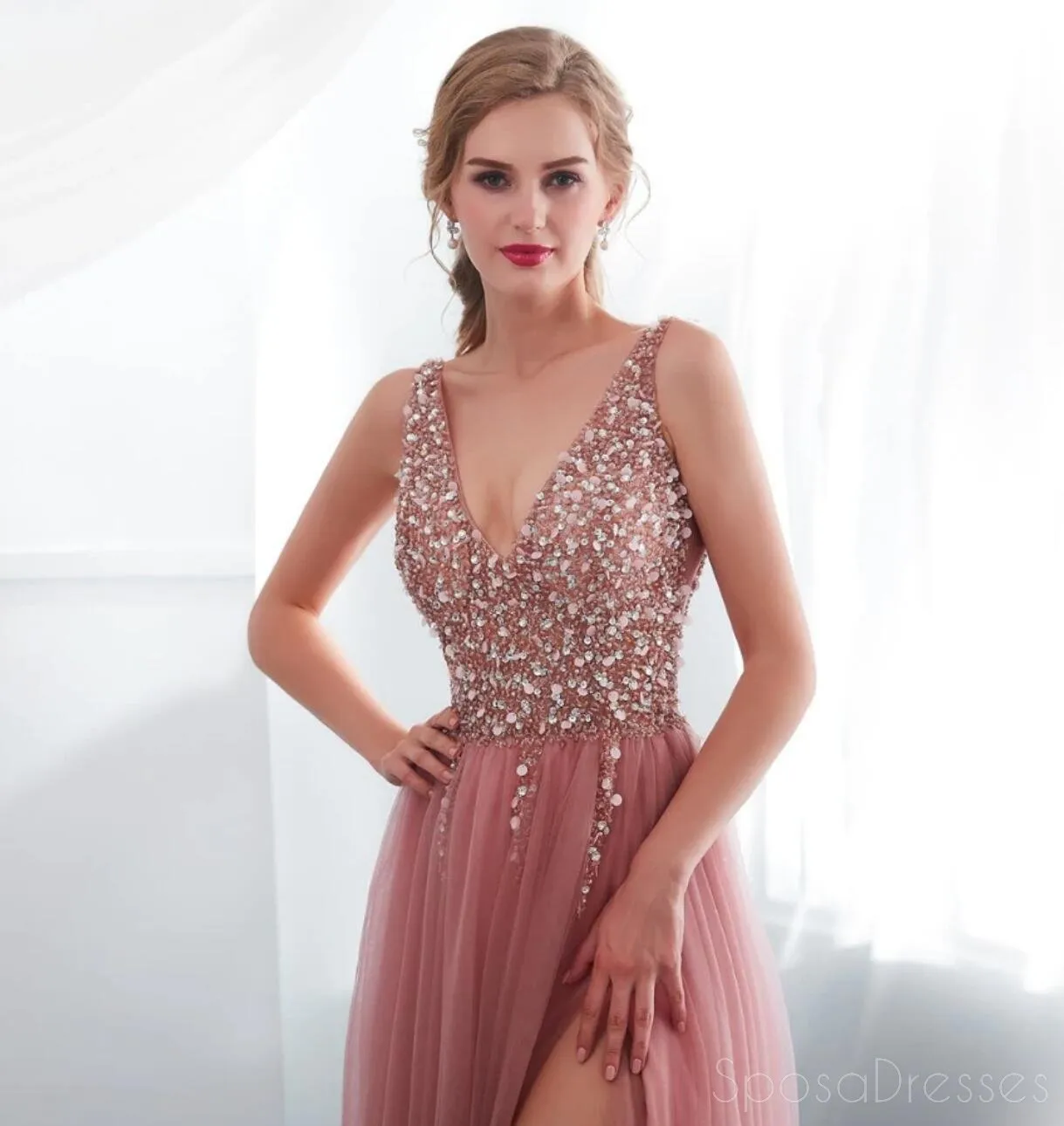 Dusty Pink V Neck Side Slit Beaded Long Evening Prom Dresses, Cheap Custom Sweet 16 Dresses, 18519