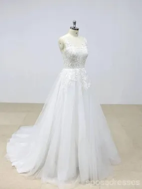 Elegant Backless Lace V Neck Tulle A-line Cheap Wedding Dresses Online, WD390