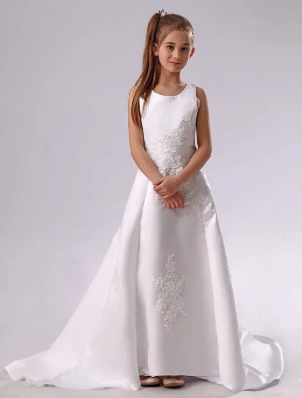 Elegant Crew Neck White Flower Girl Dress Applique Satin Long Dress