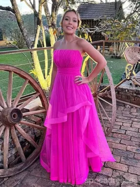 Elegant Hot Pink Strapless A-Line Maxi Dress for Parties and Prom - Stunning Evening Gown, Style 13422