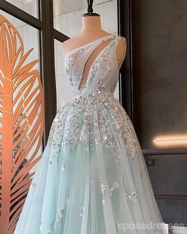 Elegant Light Blue A-line One Shoulder Maxi Long Prom Dresses,Evening Dresses,13149