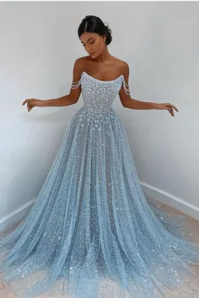 Elegant Strapless Light Blue Tulle Evening Dress with Sequins - Long Prom Gown SH375