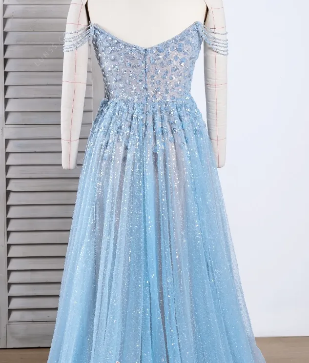 Elegant Strapless Light Blue Tulle Evening Dress with Sequins - Long Prom Gown SH375